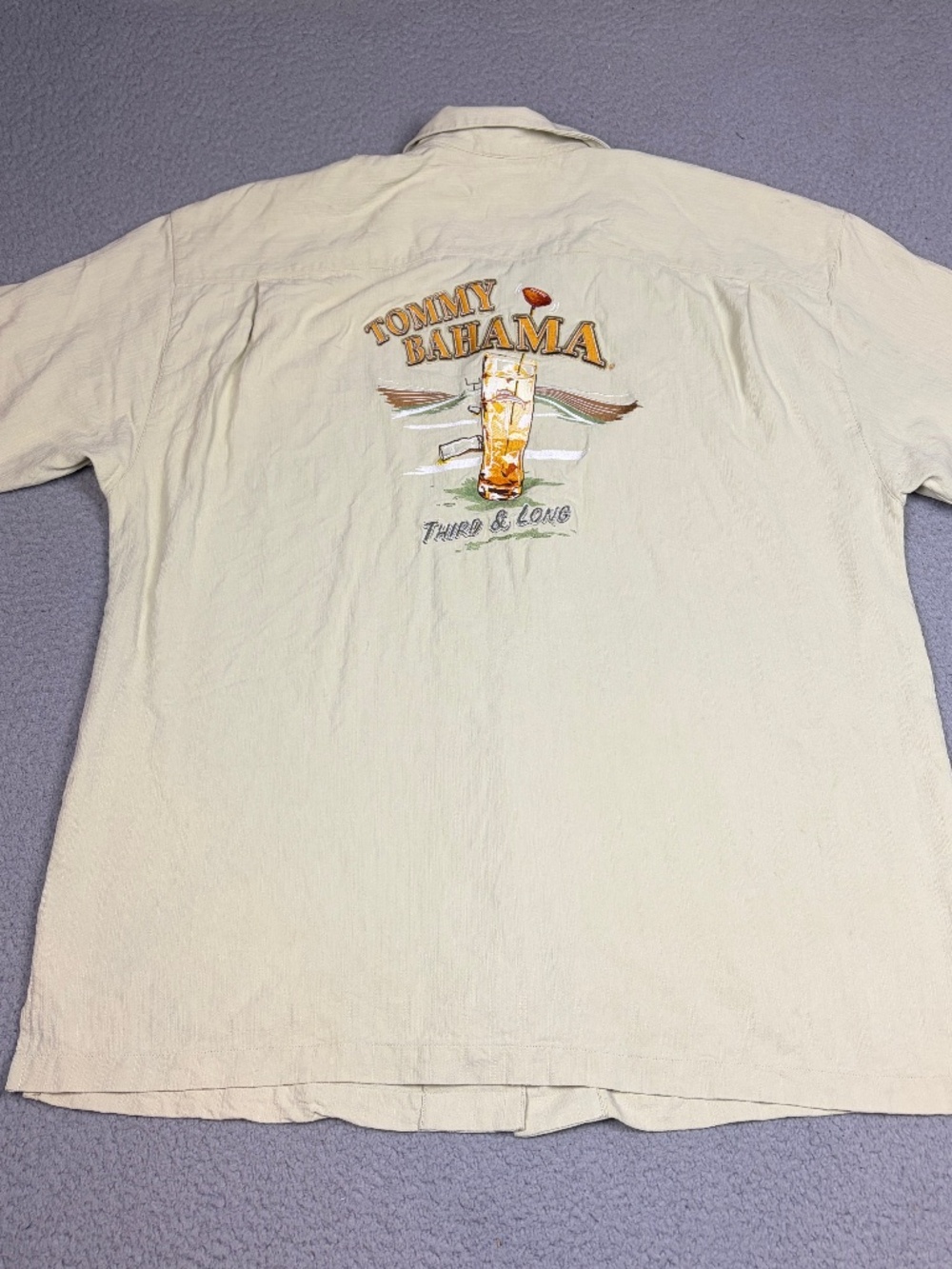 Tommy Bahama Shirt Mens 2XL Cream Silk Football Theme Short Sleeve Button Down
